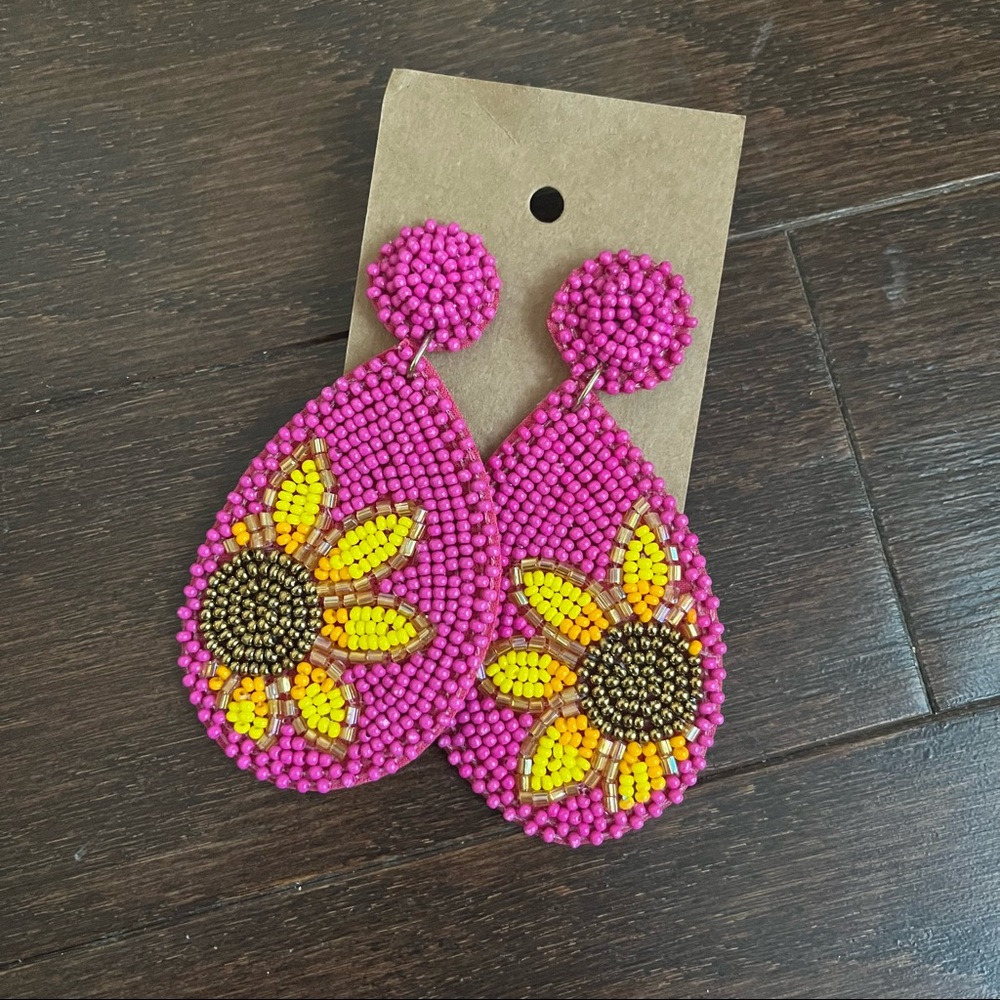 Pink Sunflower Seed Bead Earrings